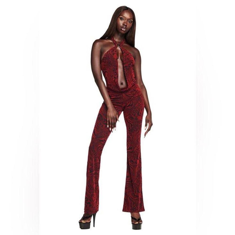 NWT I.Am.Gia SZ XL Valentina Jumpsuit Burnout Plunge Neck Backless Flare Velvet